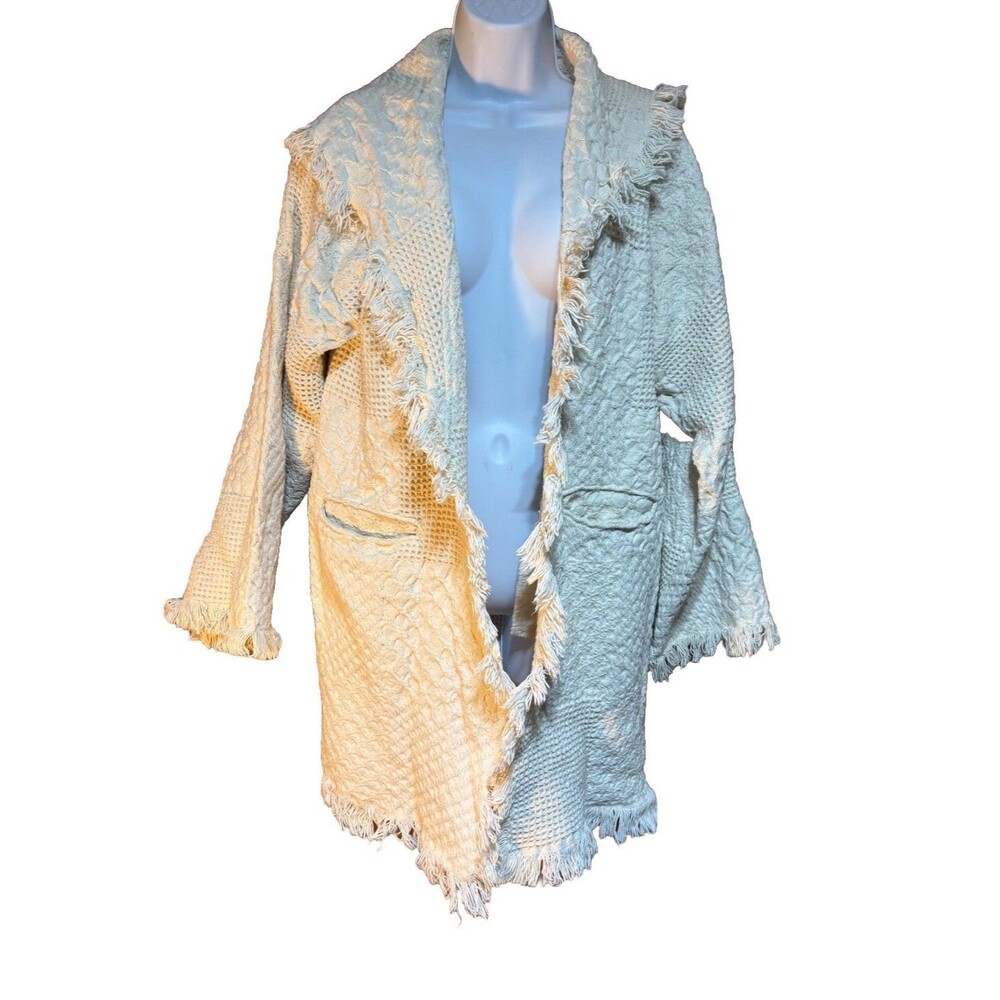 Woven Blanket Jacket Duster Waffle Patchwork Design Cream White Western Boho M-L